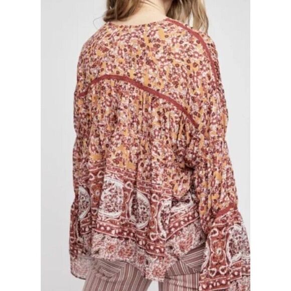 Free People Womens Sz Large Mustard Combo Floral Lorraine Tiered Kimono Top - Picture 11 of 14